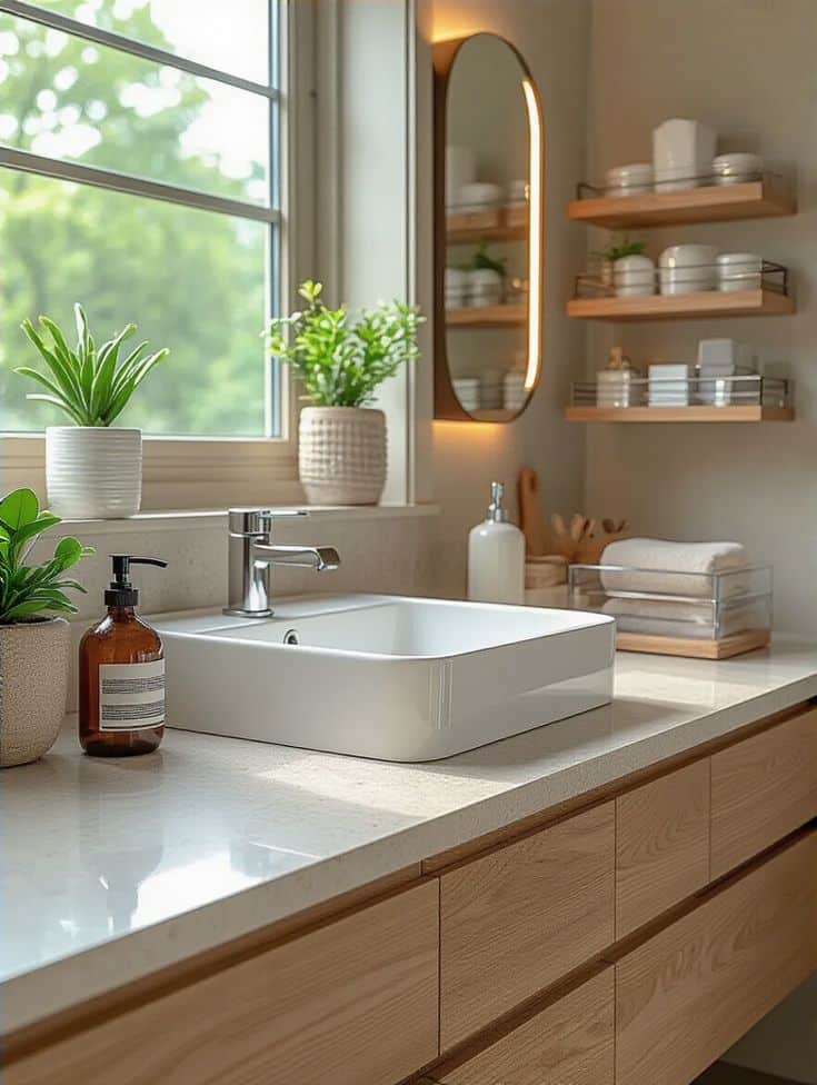 Modern bathroom with white sink, wooden shelves, and plants by a window, creating a fresh, minimalist design.