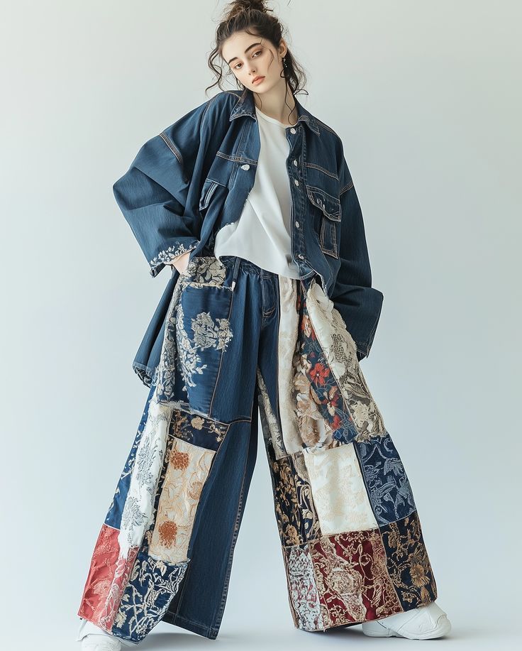 Model wearing patchwork denim jacket and wide pants, showcasing bohemian fashion with floral patterns.