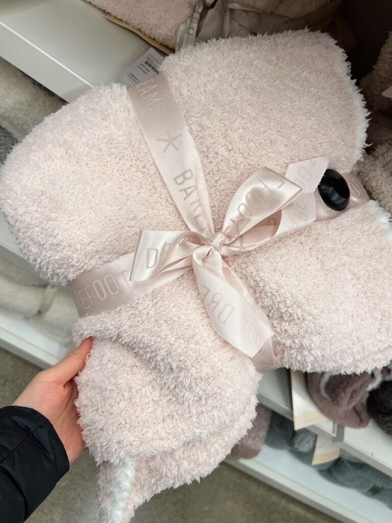 21720abeaafed24fd5b58a56fa566d43 Soft pink fluffy blanket tied with satin ribbon, held by a hand, displayed on a shelf in a cozy store setting. | Sky Rye Design Soft pink fluffy blanket tied with satin ribbon, held by a hand, displayed on a shelf in a cozy store setting.