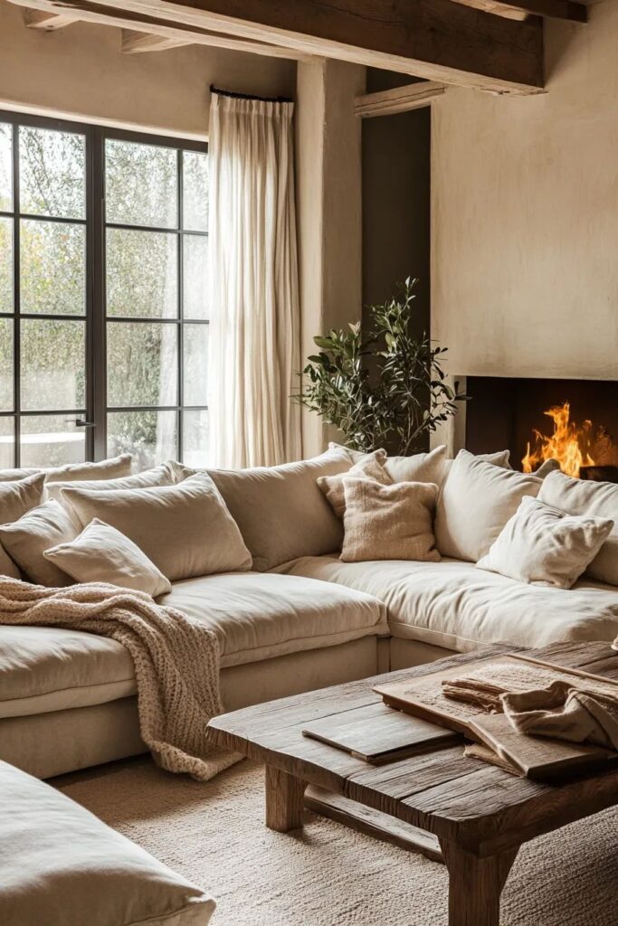 21bae586c9d25152016847c174829398 Cozy living room with beige sectional sofa, throw blankets, rustic wood table, and a roaring fireplace. | Sky Rye Design Cozy living room with beige sectional sofa, throw blankets, rustic wood table, and a roaring fireplace.