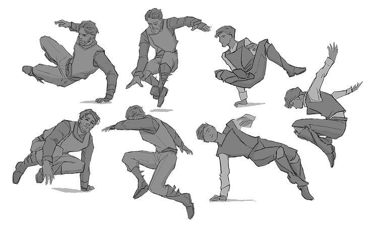 Sketch of a person in various dynamic breakdancing poses, showcasing balance and movement.