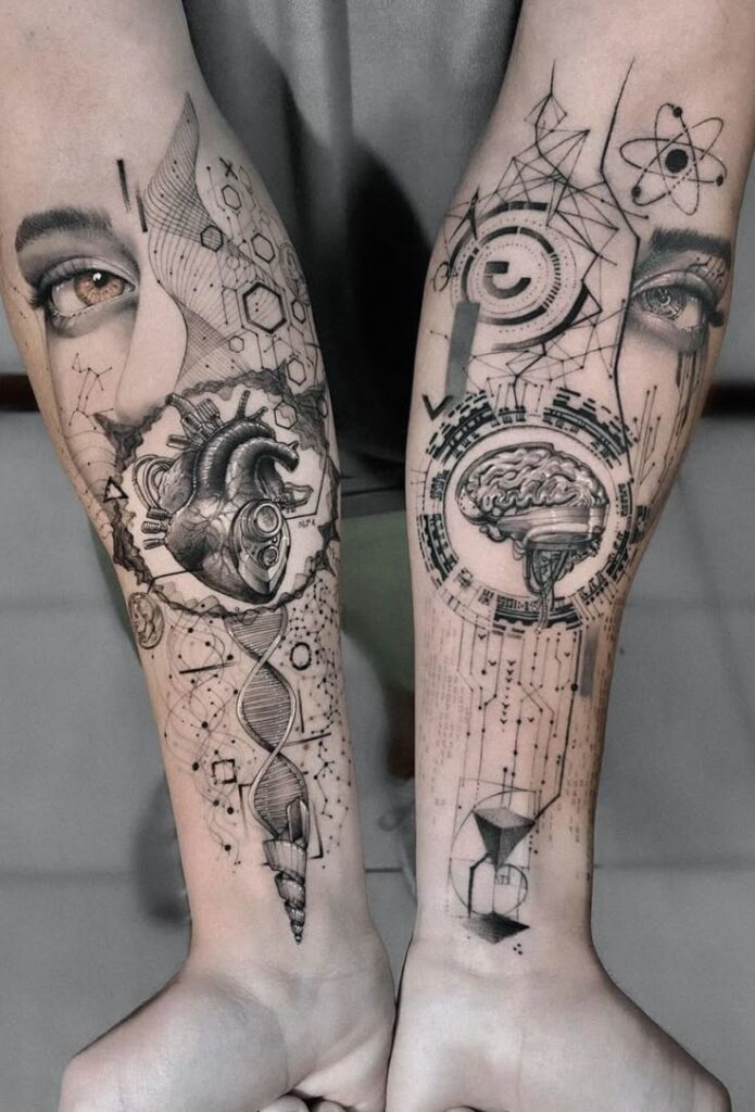 Forearm tattoos featuring scientific and geometric designs with DNA, brain, and heart illustrations.