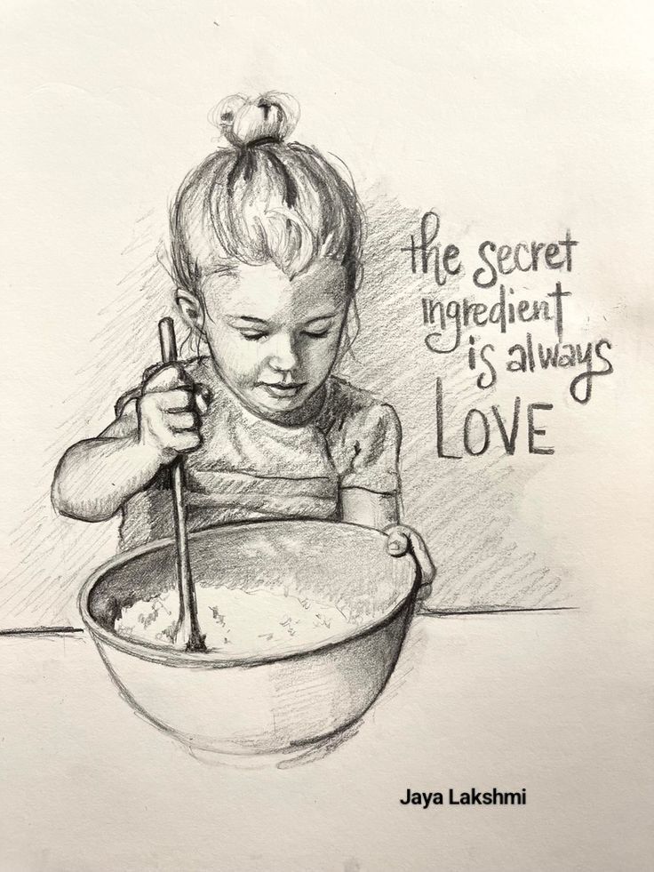Sketch of a child mixing ingredients with a whisk and text “The secret ingredient is always love.”