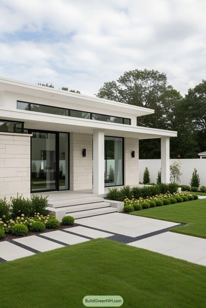 22 Minimalist Bungalow House Designs to Amaze You Modern minimalist house with large windows, white facade, and lush green landscaping under a partly cloudy sky. | Sky Rye Design Modern minimalist house with large windows, white facade, and lush green landscaping under a partly cloudy sky.