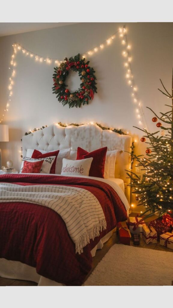 Cozy Christmas bedroom with festive lights, a wreath, red pillows, and a decorated tree, creating a warm holiday ambiance.