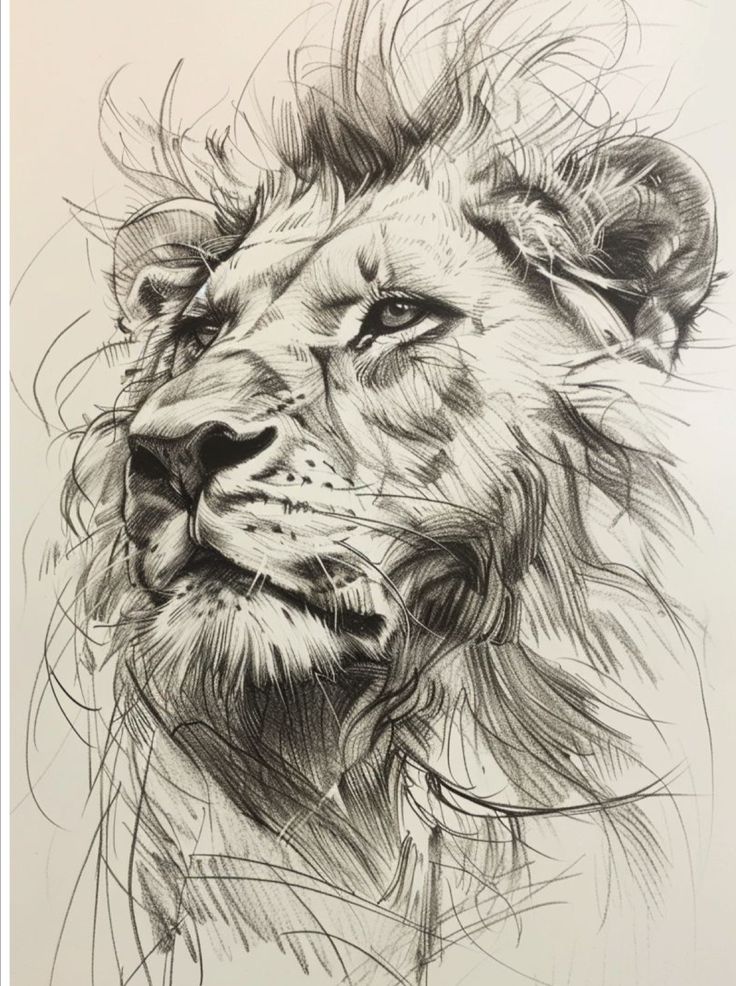 Detailed pencil drawing of a majestic lion with a focused expression, showcasing intricate fur and mane textures.
