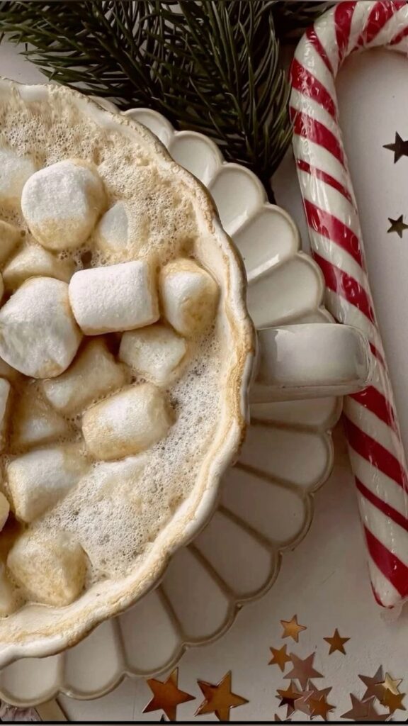_ 23 Cup of hot chocolate topped with marshmallows, next to candy cane and festive decorations. Cozy winter treat. | Sky Rye Design Cup of hot chocolate topped with marshmallows, next to candy cane and festive decorations. Cozy winter treat.