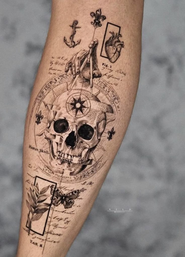 Intricate tattoo on arm featuring skull, compass, heart, anchor, and botanical elements in a detailed, artistic design.