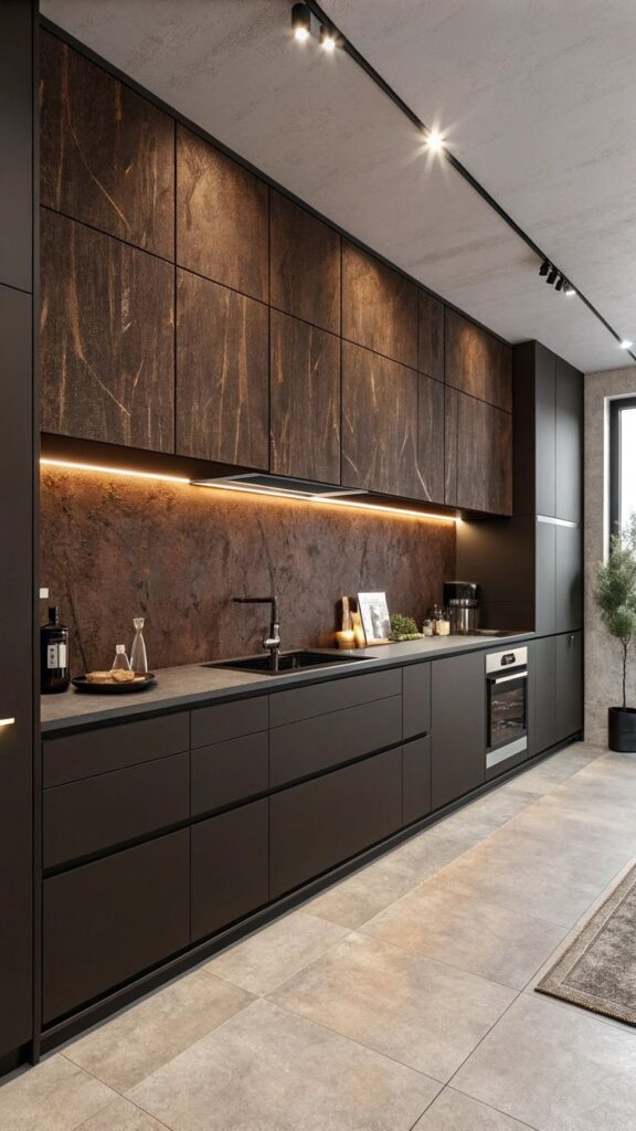 Modern kitchen with sleek dark cabinets, integrated lighting, and minimalist decor in a contemporary design setting.