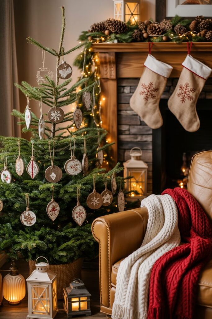 Cozy Christmas scene with a decorated tree, stockings by the fireplace, and a chair draped with red and white blankets.