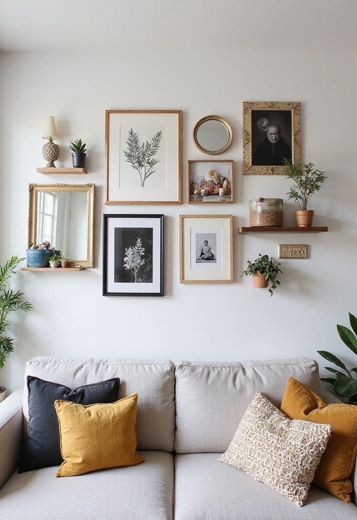 23 Cozy Mid Century Modern Living Room Comfy Ideas Stylish gallery wall above a cozy beige sofa with decorative pillows and indoor plants. | Sky Rye Design Stylish gallery wall above a cozy beige sofa with decorative pillows and indoor plants.