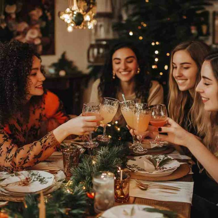 Four friends toasting at a festive dinner table with holiday decorations and drinks. Christmas Cocktail