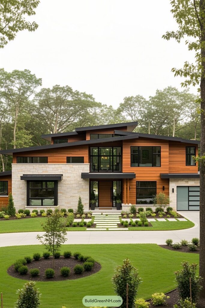 23 Luxury Modern Exterior Designs to Make You Swoon Modern two-story house with wood and stone exterior, surrounded by lush landscaping and trees. | Sky Rye Design Modern two-story house with wood and stone exterior, surrounded by lush landscaping and trees.