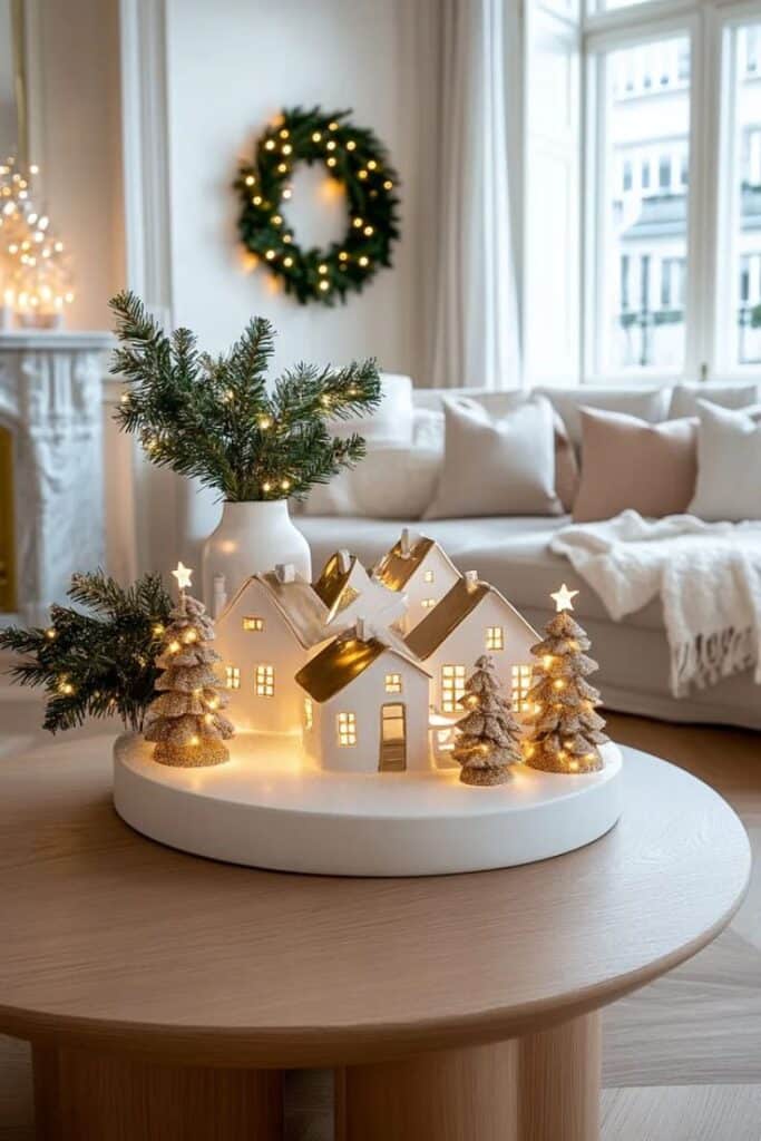 23 Minimalist Christmas Decor Ideas Perfect For A Modern Home - Lovely Harbor Cozy Christmas decor with lit village scene on a coffee table, festive wreath in background. | Sky Rye Design Cozy Christmas decor with lit village scene on a coffee table, festive wreath in background.
