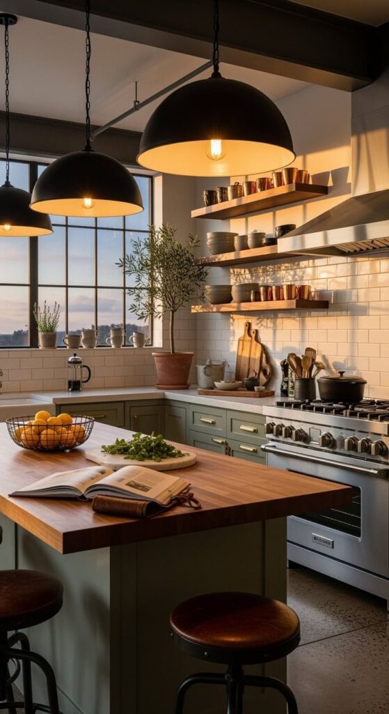 Cozy kitchen with open shelving, pendant lights, and a wooden island, bathed in natural light from large windows.