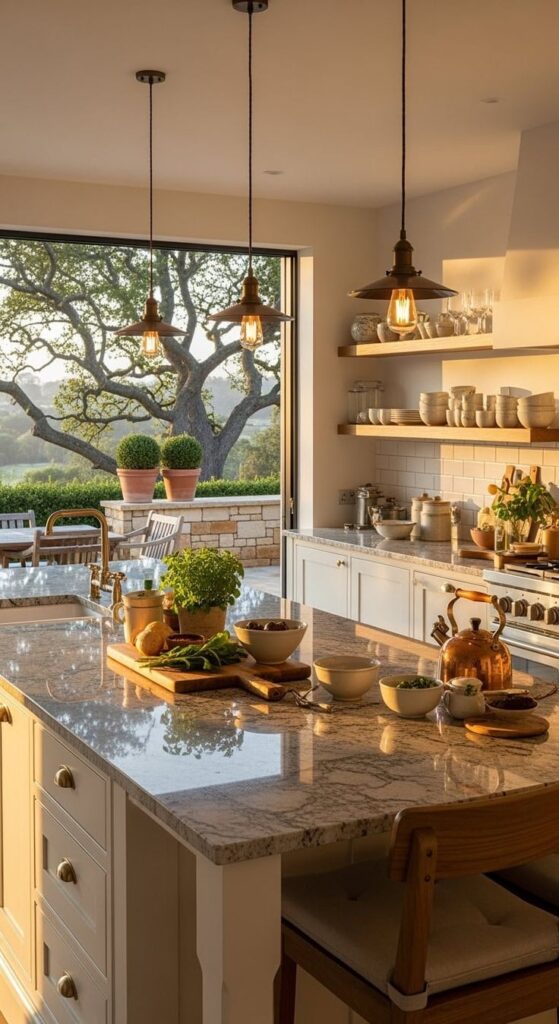 Modern kitchen with island, pendant lights, and garden view through open doors. Warm, inviting, and stylish interior.