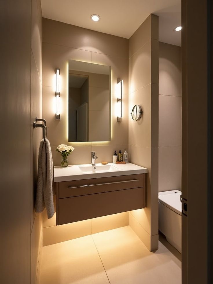 Modern bathroom with wall-mounted vanity, illuminated mirror, and cozy ambient lighting.