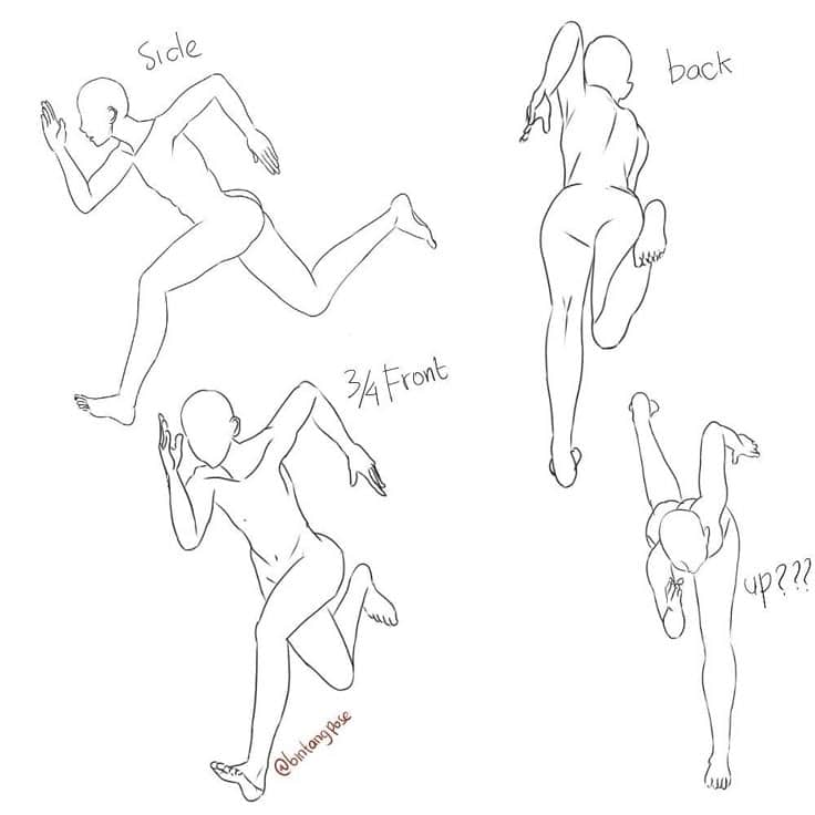 Drawing of four dynamic running poses from various angles: side, 3/4 front, back, and top view. dynamic jumping poses