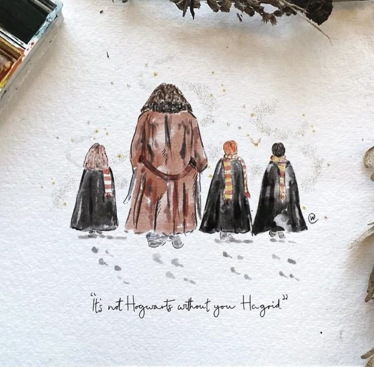 2345a5a1-eba4-4f32-ba43-d565be1bc3b4 Illustration of four characters in wizard robes, quote: It's not Hogwarts without you, Hagrid, on textured paper. | Sky Rye Design Illustration of four characters in wizard robes, quote: It's not Hogwarts without you, Hagrid, on textured paper.