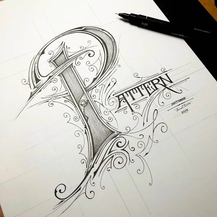 Elegantly crafted art nouveau lettering design of the word Pattern with intricate flourishes and embellishments.