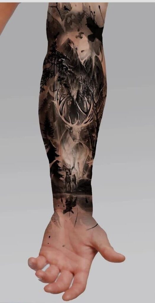 Tattoo sleeve on forearm featuring a detailed forest scene with a majestic deer and trees in black and gray.