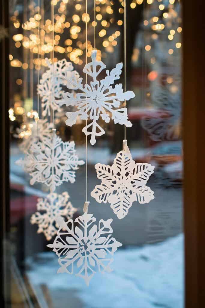 24 Ideas to Embrace the Magic of Christmas Core Hanging paper snowflakes with holiday lights reflecting on a glass window, creating a festive winter display. | Sky Rye Design Hanging paper snowflakes with holiday lights reflecting on a glass window, creating a festive winter display.