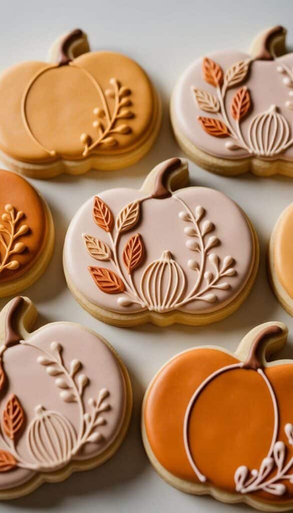 24 Inspiring Pumpkin Cookie Decorating Ideas for the Season Decorative pumpkin-shaped cookies with autumn-themed icing designs on a light background. | Sky Rye Design Decorative pumpkin-shaped cookies with autumn-themed icing designs on a light background.