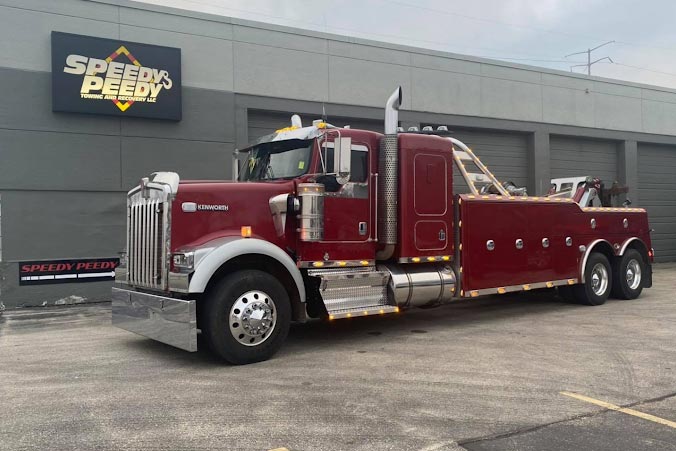 Red tow truck parked in front of Speedy Peedy towing service building.