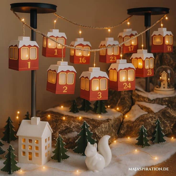 24 kreative DIY Adventskalender Ideen von last-minute über nachhaltig bis Bastel-Profi - Majaspiration Cozy Christmas scene with numbered paper lanterns, festive lights, a snow-covered village, and a decorative squirrel. | Sky Rye Design Cozy Christmas scene with numbered paper lanterns, festive lights, a snow-covered village, and a decorative squirrel.