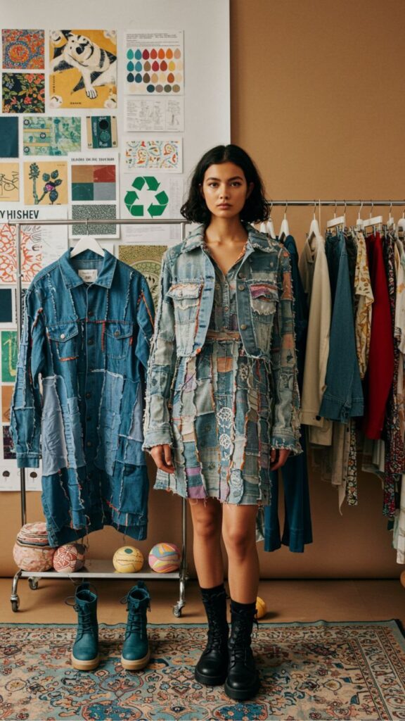 Woman in patchwork denim outfit stands beside clothing rack, showcasing sustainable fashion in artistic studio.