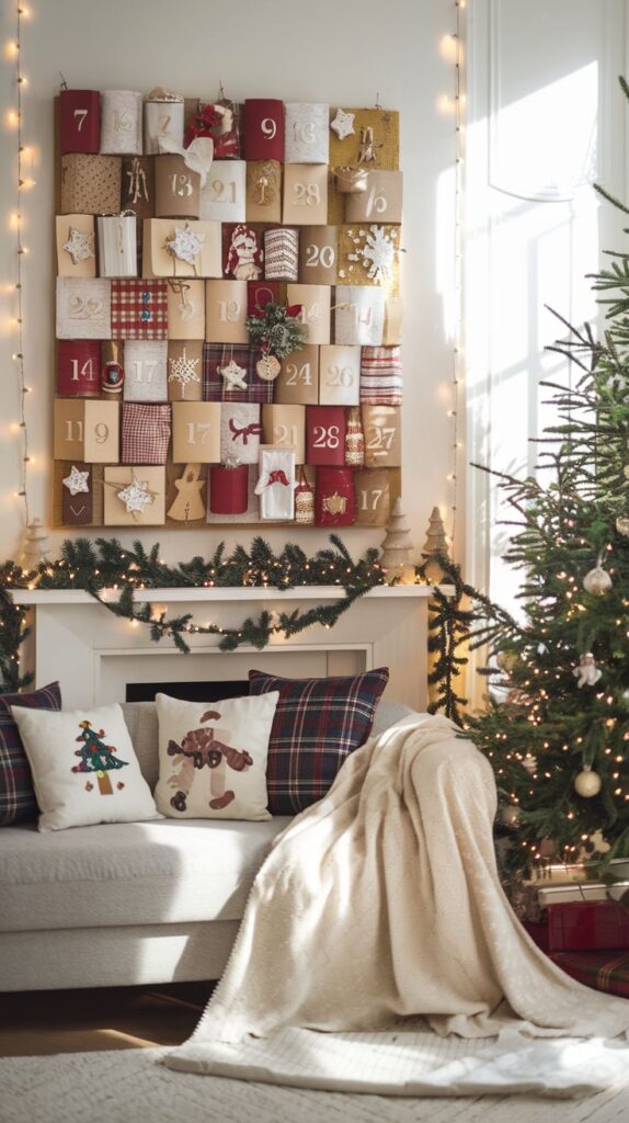 25 Adorable DIY Advent Calendar Ideas Thatll Make Christmas Countdown Unforgettable Festive living room with a decorative Advent calendar, Christmas tree, and holiday pillows, creating a cozy holiday vibe. | Sky Rye Design Festive living room with a decorative Advent calendar, Christmas tree, and holiday pillows, creating a cozy holiday vibe.