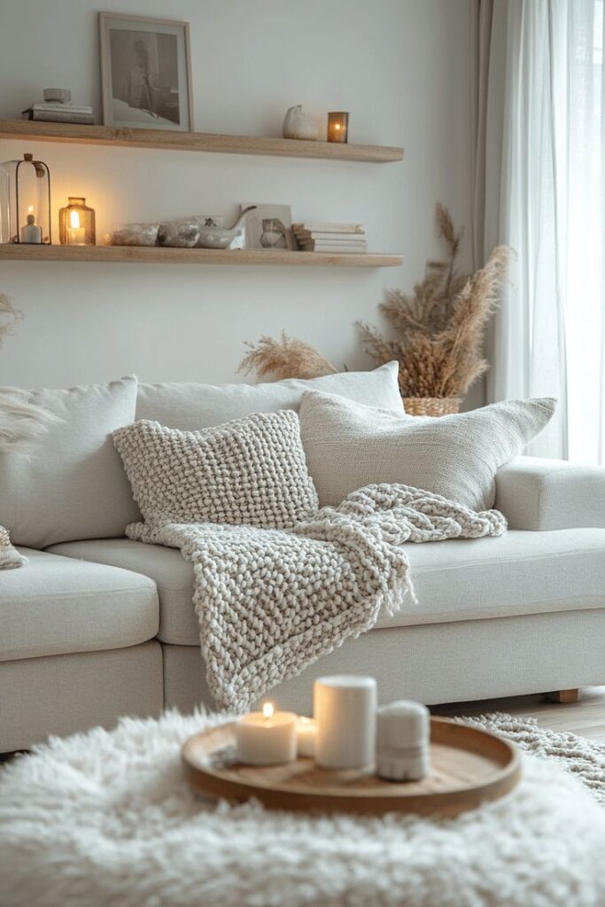 Cozy living room with beige sofa, knit blanket, candles, pampas grass, and wooden shelves for a warm, inviting ambiance.