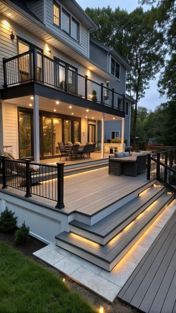 Modern patio deck with soft lighting, elegant railing, and outdoor seating at dusk.