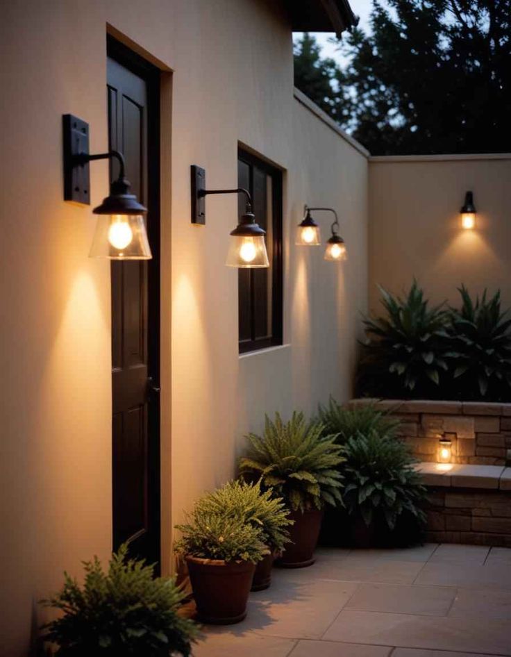 Modern outdoor lighting illuminates pathway with potted plants and stone accents at dusk.