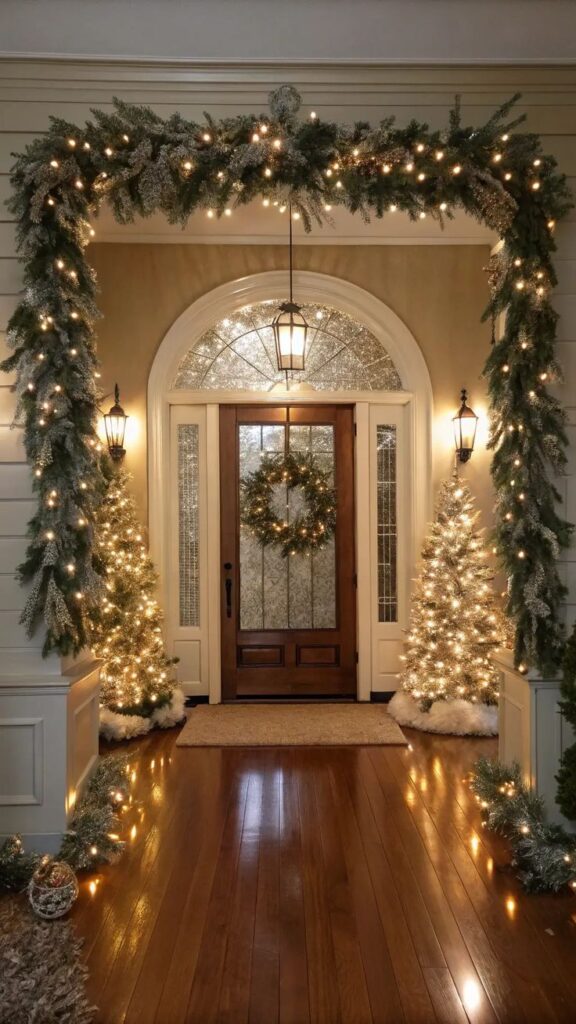 Festive home entrance with Christmas lights, wreath, and decorated trees, creating a warm holiday ambiance.