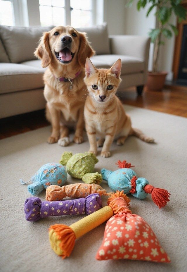 25 DIY Money Saving Sustainable Projects You Can Start Today Try 11 Happy dog and cat sitting together with colorful toys on a carpet in a cozy living room. | Sky Rye Design Happy dog and cat sitting together with colorful toys on a carpet in a cozy living room.