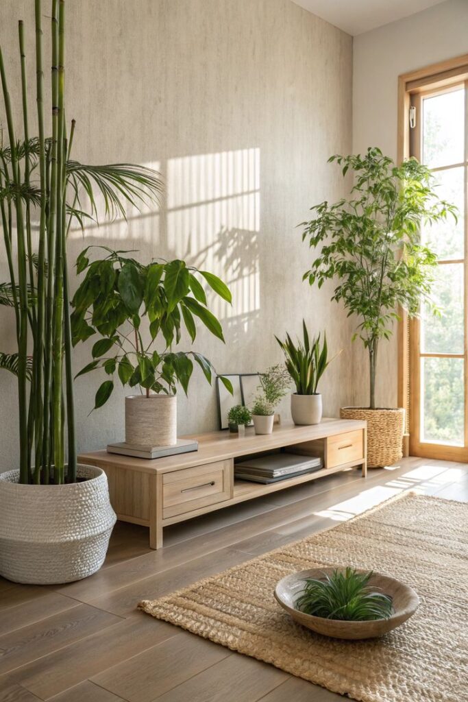 Modern living room with wooden furniture, lush green plants, and natural sunlight through a large window.