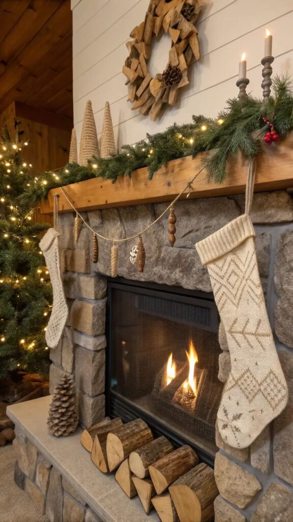 Cozy Christmas fireplace with stockings, pine garland, and festive wood wreath, creating a warm holiday ambiance.
