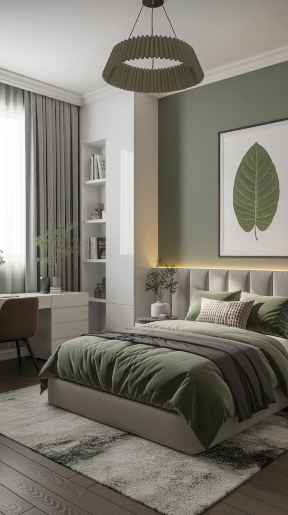 25 Sage Green Bedroom Ideas That Redefine Calm and Elegance _ The Decor Avenue Modern bedroom with green and gray decor, featuring a plush bed, pendant light, and leafy wall art. | Sky Rye Design Modern bedroom with green and gray decor, featuring a plush bed, pendant light, and leafy wall art.