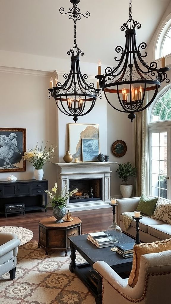 Elegant living room with chandeliers, cozy fireplace, and stylish decor elements, creating a warm and inviting atmosphere.