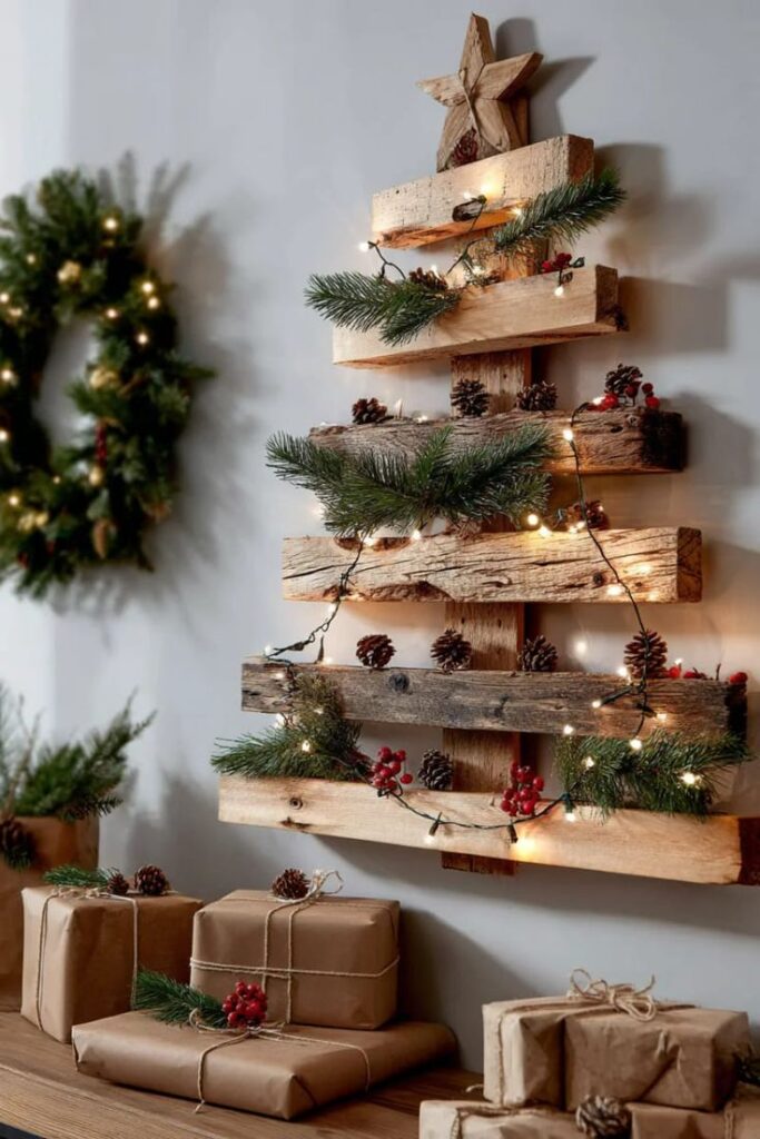 Rustic wooden Christmas tree with lights and pine cones, surrounded by wrapped gifts and a festive wreath.