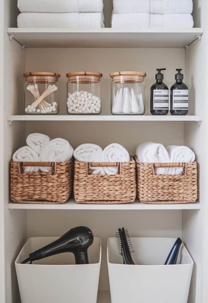 256a61a4-230f-41a4-9129-673b8e7efc2f Organized bathroom shelf with towels, jars, baskets, and toiletries for a neat and tidy look. | Sky Rye Design Organized bathroom shelf with towels, jars, baskets, and toiletries for a neat and tidy look.