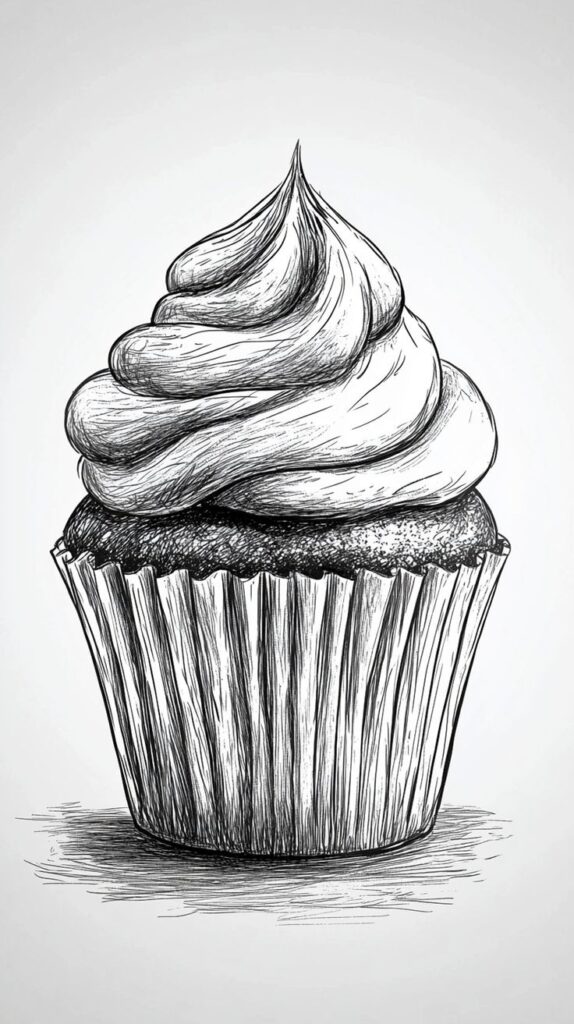 25d45829fb05386a516ca69efcf251f5 Black and white sketch of a cupcake with whipped frosting in a paper liner on a textured background. | Sky Rye Design Black and white sketch of a cupcake with whipped frosting in a paper liner on a textured background.