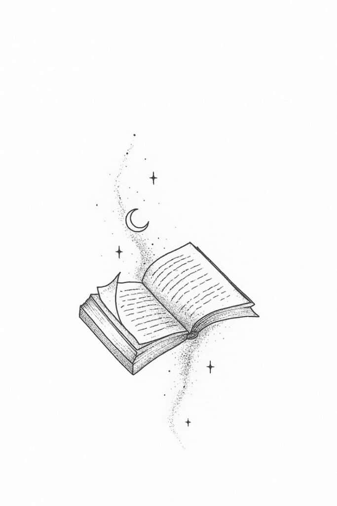 25d6c1ee25d0e8671d79e8985109035e Illustration of an open book with stars and a crescent moon, symbolizing magical storytelling or imagination. | Sky Rye Design Illustration of an open book with stars and a crescent moon, symbolizing magical storytelling or imagination.