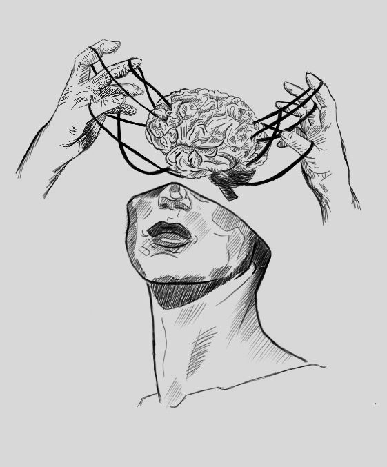 Abstract illustration of a hand removing a brain from a person's head, symbolizing creativity and thought.
