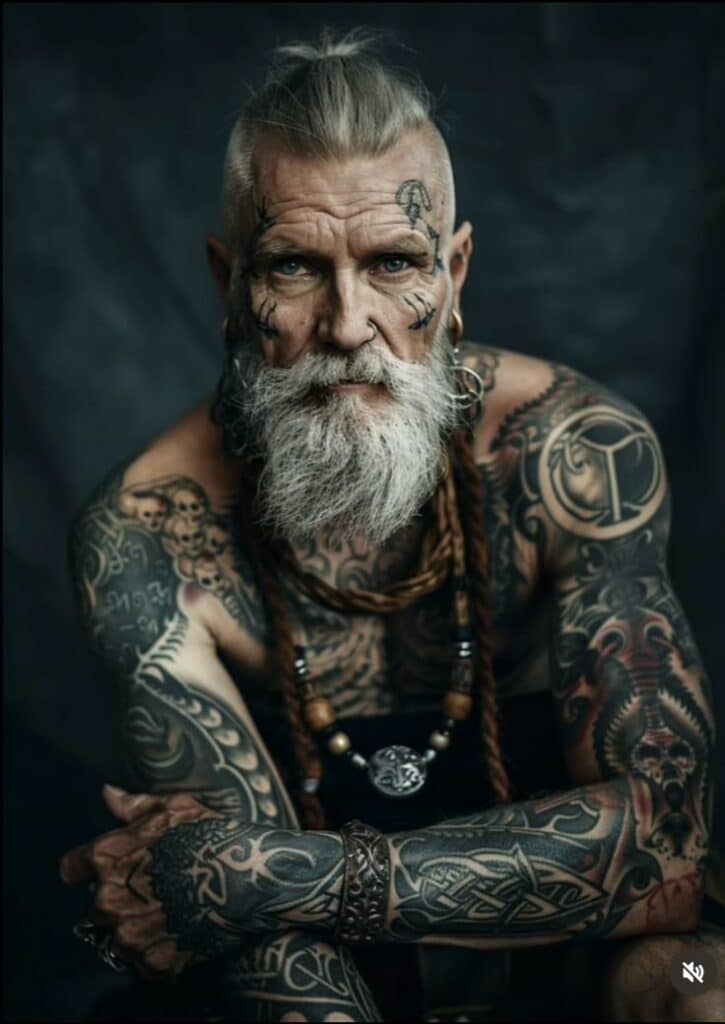 Heavily tattooed man with a grey beard and tribal jewelry, exuding a rugged, artistic vibe.