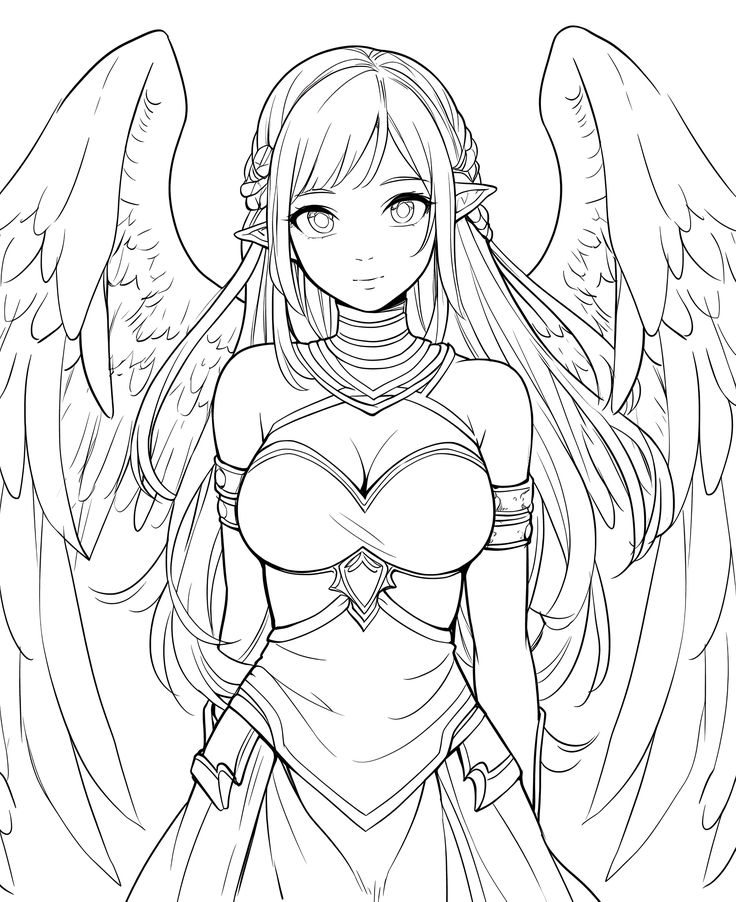 Anime angel character with wings, elf ears, and detailed outfit, perfect for coloring or fantasy art inspiration.