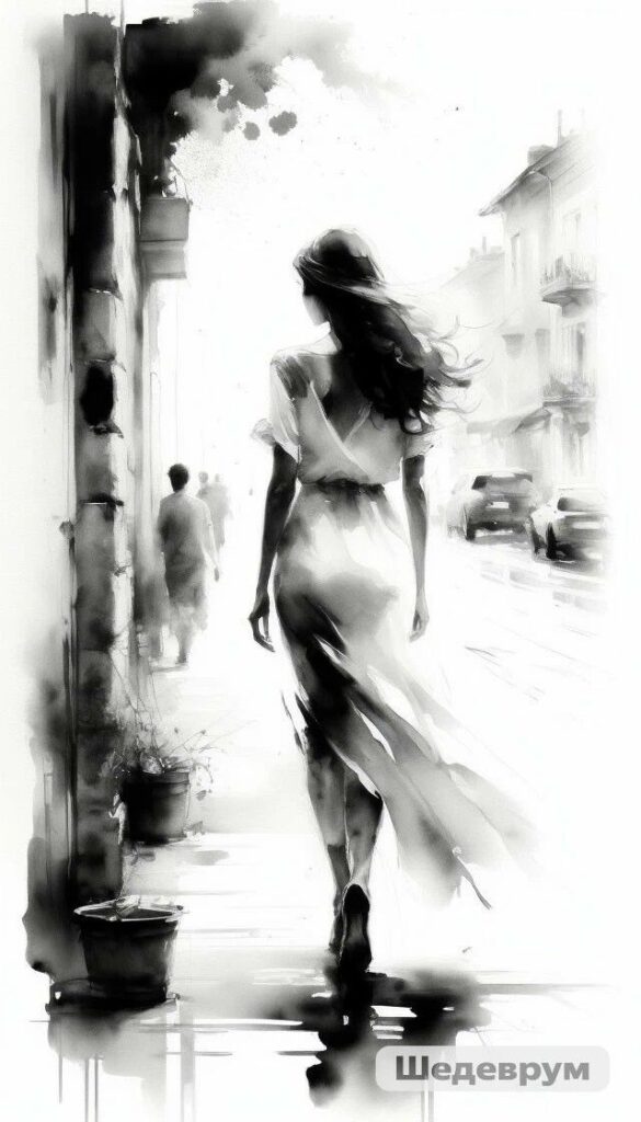 Charcoal vs Pencil: Which Is Best for Drawing? | Sky Rye Design Watercolor painting of a woman in a flowing dress walking down a street, exuding an elegant, mysterious aura.