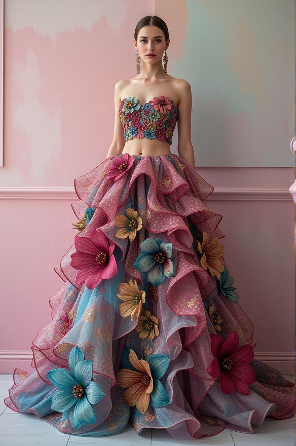 Elegant woman in floral gown with layered ruffles and intricate flower details, set against pastel backdrop.
