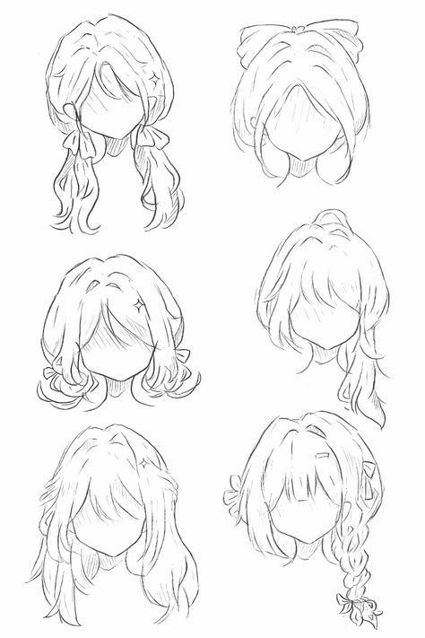 Six anime-style hairstyle sketches, featuring braids and bows, showcasing diverse and creative hair designs.